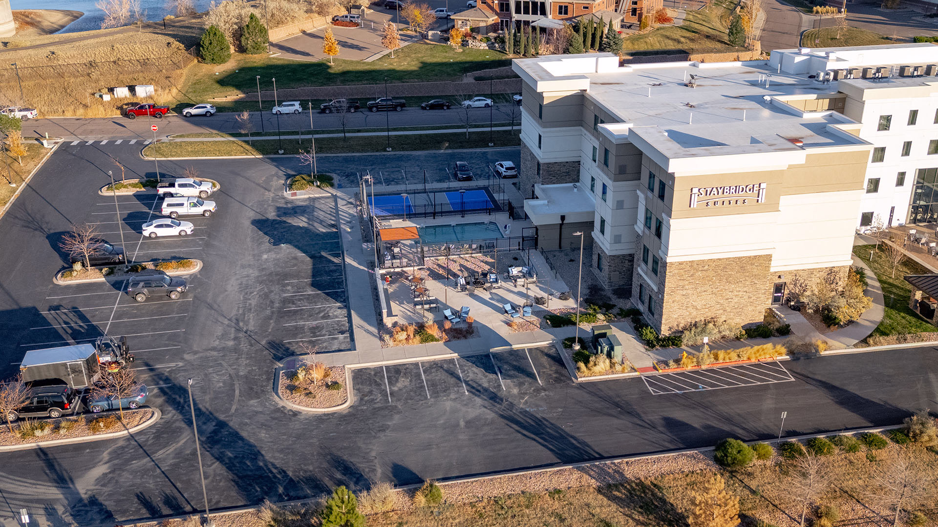 Aerial view of Staybridge Suites in Littleton, Colorado during a permitted pool installation phase of construction